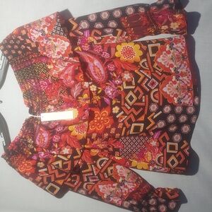 Trina Turk NWT blouse off the shoulder‎ vibrant colors size XS 100%silk smocking